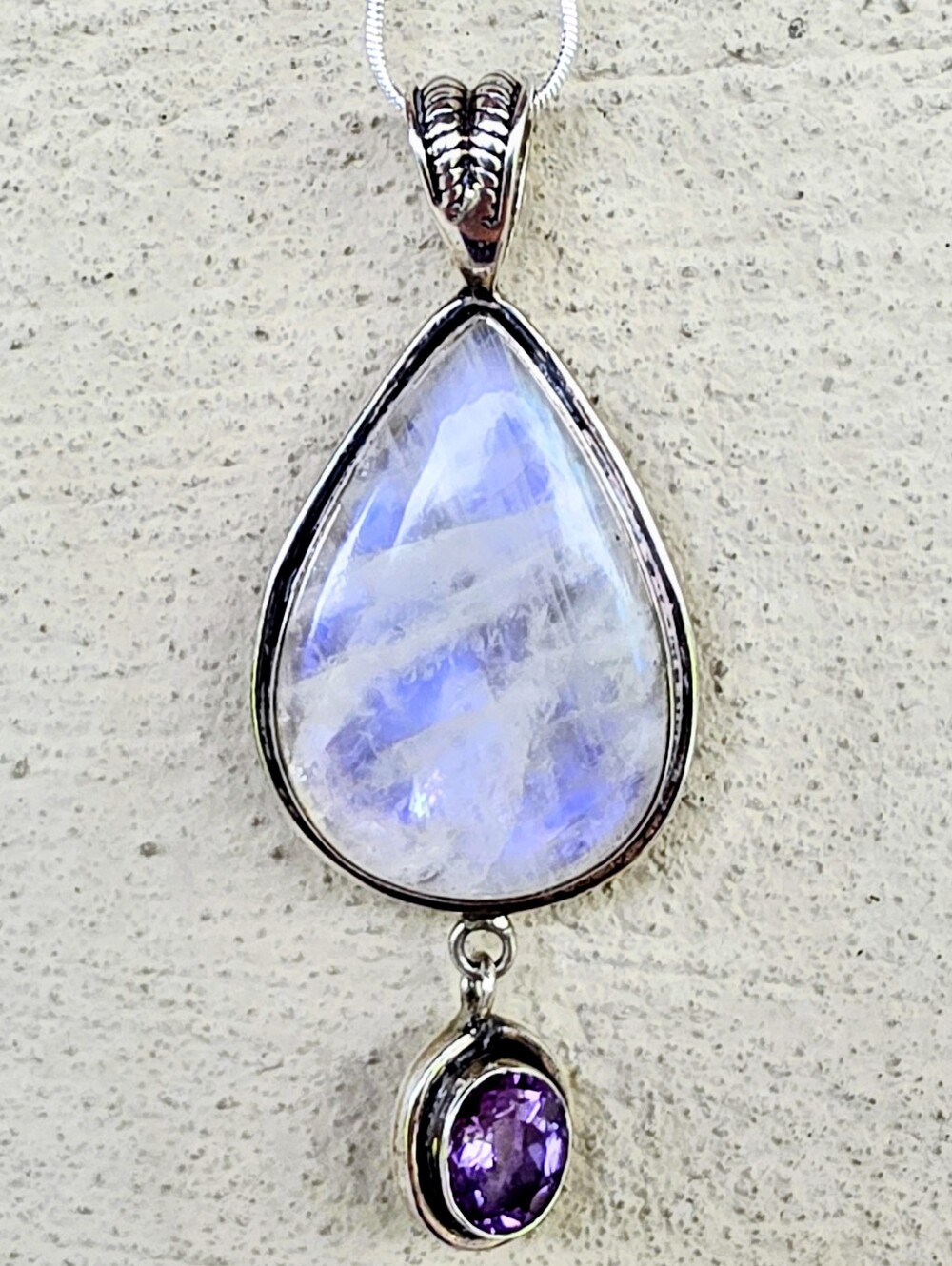 Large Moonstone & Amethyst Pendant In 925 Sterling Silver (3.2")